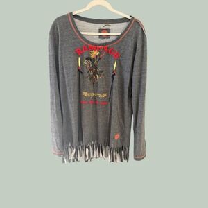 Double D Ranch Rampage Embroidered Fringe Top Gray Western Boho Womens 2X